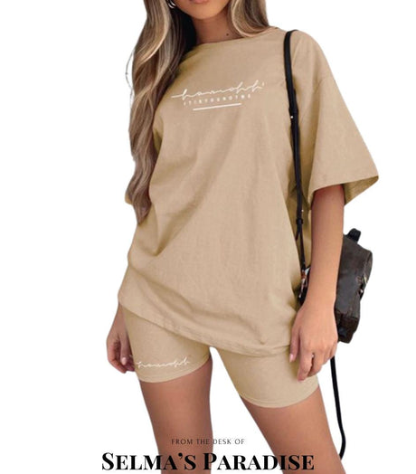 Women’s Casual 2 Piece Set, Comfy Sportswear, Letter Print T-Shirt and Capri Shorts, Athleisure, Summer, Activewear