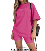 Women’s Casual 2 Piece Set, Comfy Sportswear, Letter Print T-Shirt and Capri Shorts, Athleisure, Summer, Activewear