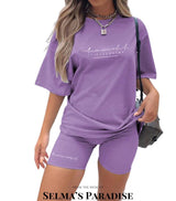 Women’s Casual 2 Piece Set, Comfy Sportswear, Letter Print T-Shirt and Capri Shorts, Athleisure, Summer, Activewear