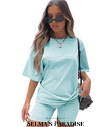 Women’s Casual 2 Piece Set, Comfy Sportswear, Letter Print T-Shirt and Capri Shorts, Athleisure, Summer, Activewear