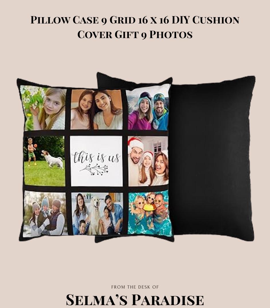 Custom 9-Grid Photo Pillow Case – 16x16 Black Polyester Cushion Cover, Personalized for Family, Christmas, or Home Décor (No Insert)