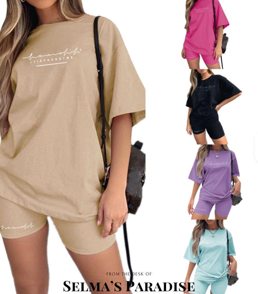 Women’s Casual 2 Piece Set, Comfy Sportswear, Letter Print T-Shirt and Capri Shorts, Athleisure, Summer, Activewear