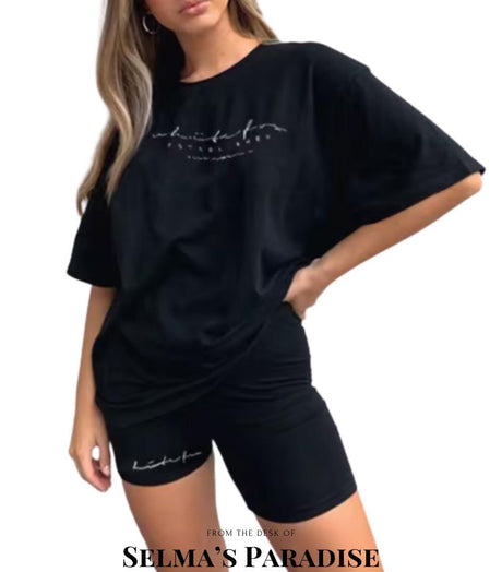 Women’s Casual 2 Piece Set, Comfy Sportswear, Letter Print T-Shirt and Capri Shorts, Athleisure, Summer, Activewear