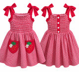 Strawberry Gingham Smocked Toddler Dress – Embroidered Pockets, Bow-Tie Straps