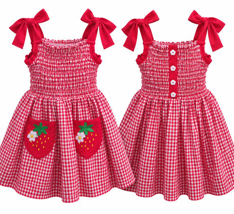 Strawberry Gingham Smocked Toddler Dress – Embroidered Pockets, Bow-Tie Straps