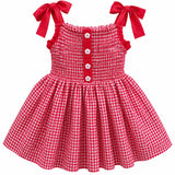 Strawberry Gingham Smocked Toddler Dress – Embroidered Pockets, Bow-Tie Straps