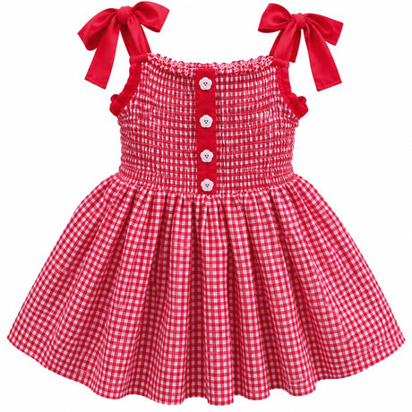 Strawberry Gingham Smocked Toddler Dress – Embroidered Pockets, Bow-Tie Straps