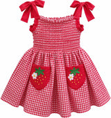 Strawberry Gingham Smocked Toddler Dress – Embroidered Pockets, Bow-Tie Straps