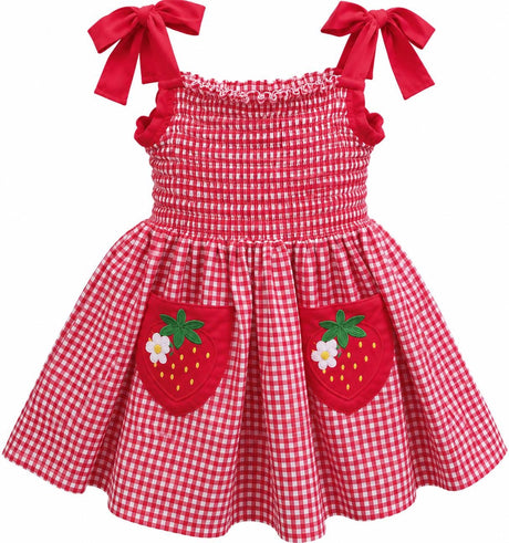 Strawberry Gingham Smocked Toddler Dress – Embroidered Pockets, Bow-Tie Straps