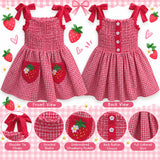 Strawberry Gingham Smocked Toddler Dress – Embroidered Pockets, Bow-Tie Straps