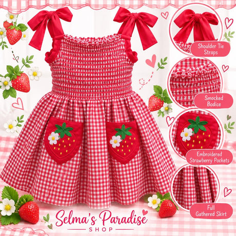 Strawberry Gingham Smocked Toddler Dress – Embroidered Pockets, Bow-Tie Straps