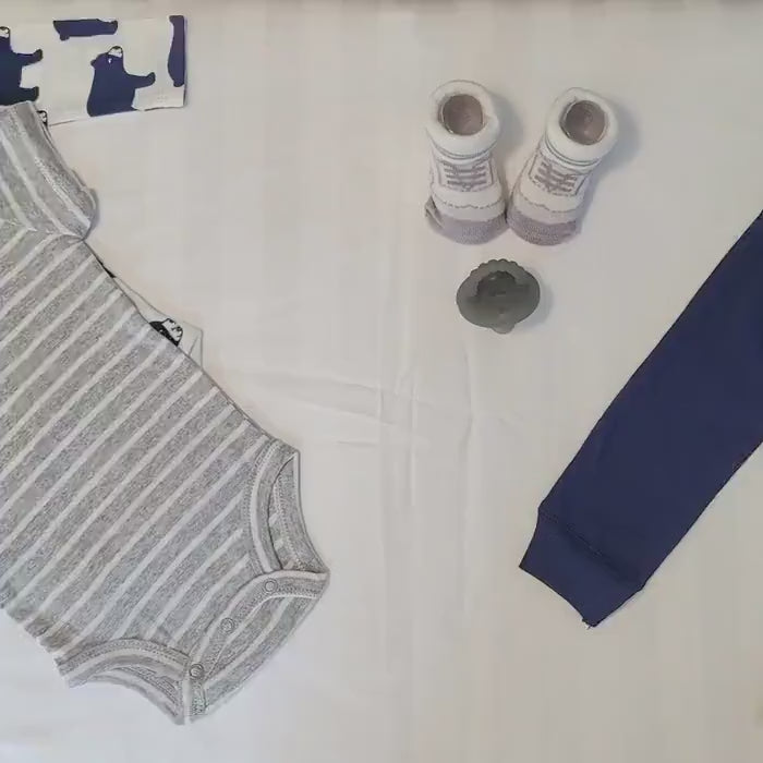 Gray White Stripes, Baby Boy Onesie, Set with Bear Pattern, Blue Pants, Newborn to 6 Months, Toddler Clothes, Coming Home Outfit