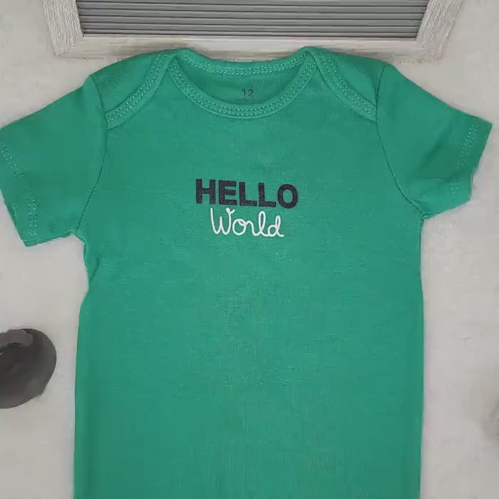 Hello World Baby Onesie, Green, Cotton, Bodysuit