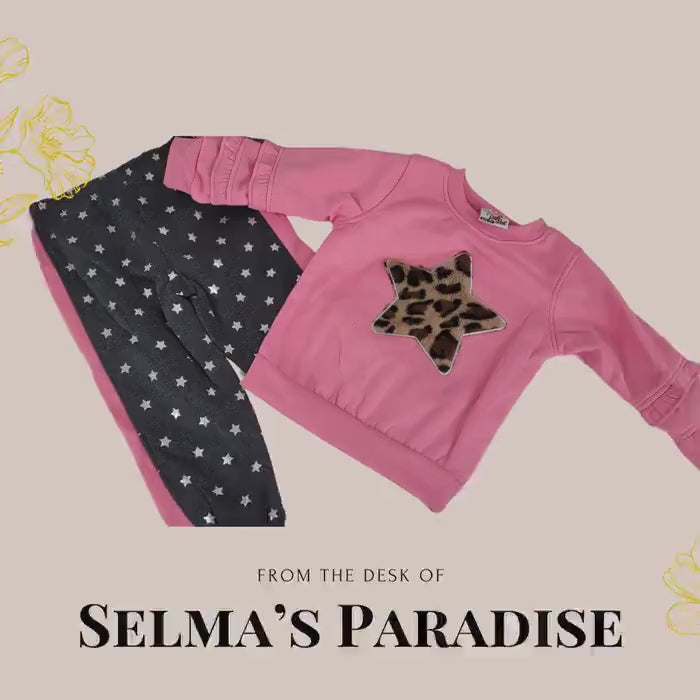 Girls Pink Outfit: Star Pants & Leopard Star Shirt, Polyester Set