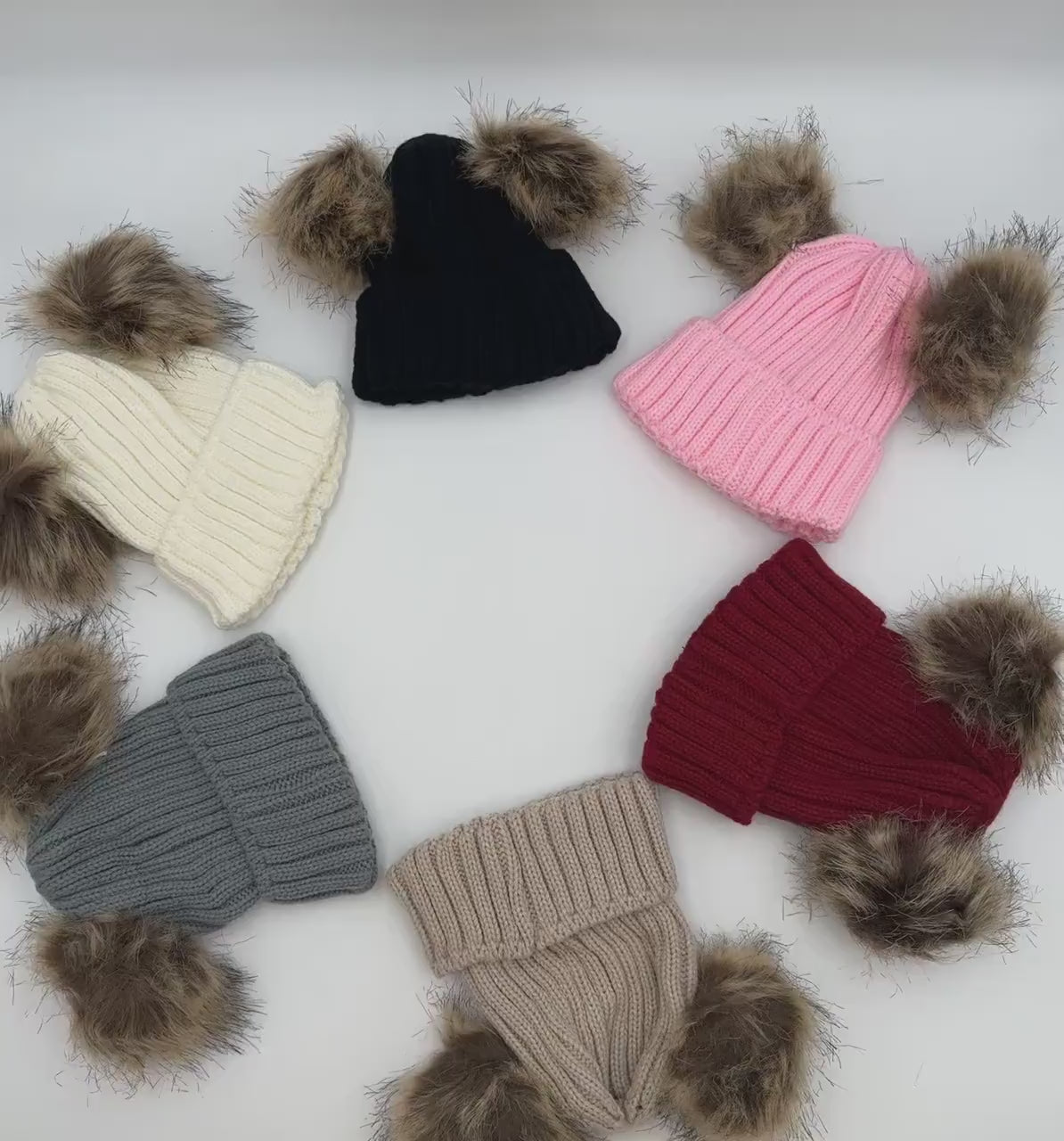 Mommy and Me Knitted Beanie Hat with Double Pompom