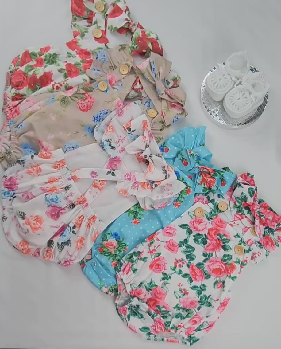 Floral Baby Romper with Ruffled Headband: 100% Cotton Set
