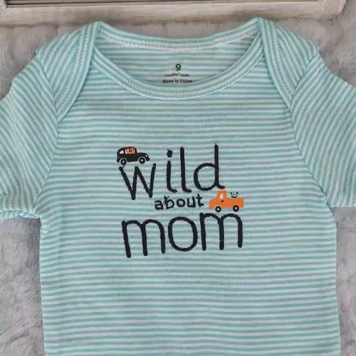 Wild About Mom Embroidered Onesie: Green Stripe Baby Bodysuit