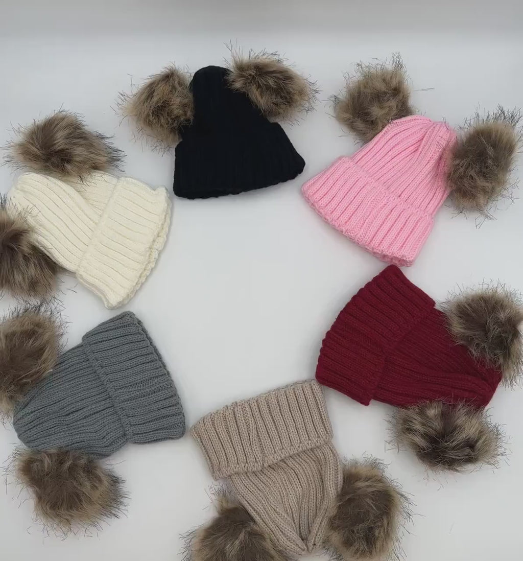 Double Hairball Knitted Beanie Hats for Mommy and Me