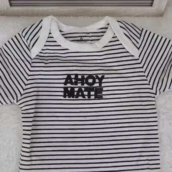 Ahoy Mate Nautical Baby Onesie: Embroidered Striped Bodysuit
