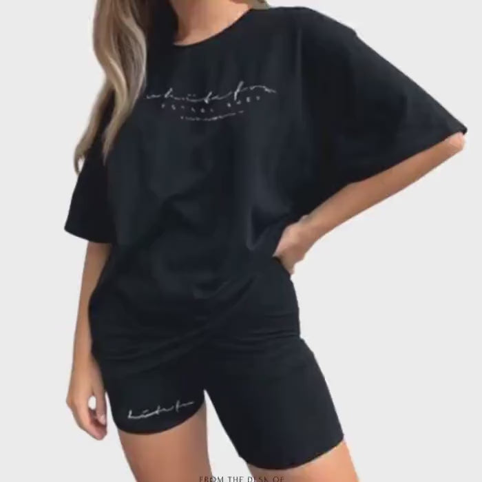 Women’s Casual 2 Piece Set, Comfy Sportswear, Letter Print T-Shirt and Capri Shorts, Athleisure, Summer, Activewear