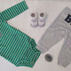 Vintage Doggy Baby Outfit: Green Stripe Onesie & Gray Pants