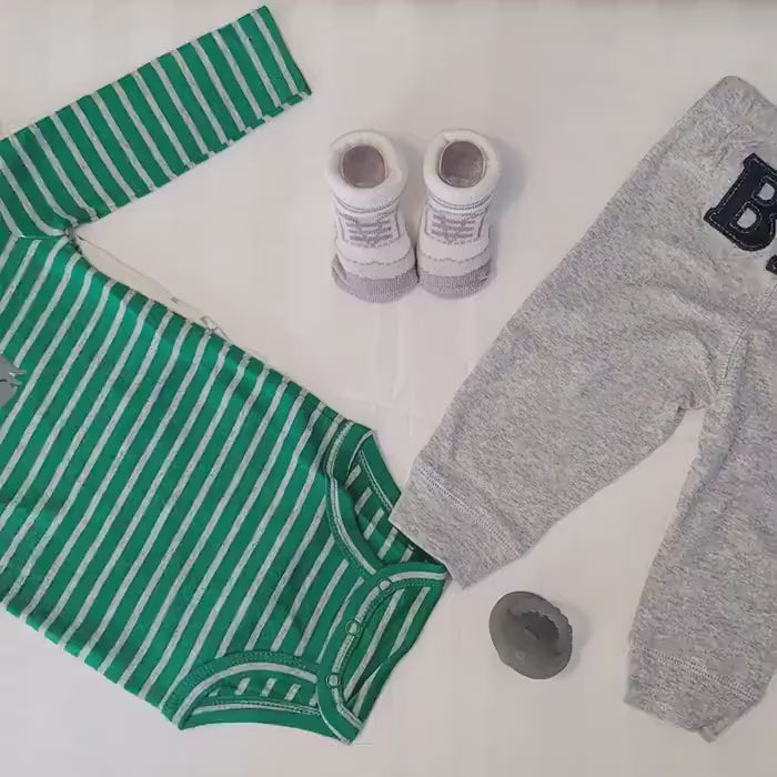 Vintage Doggy Baby Outfit: Green Stripe Onesie & Gray Pants