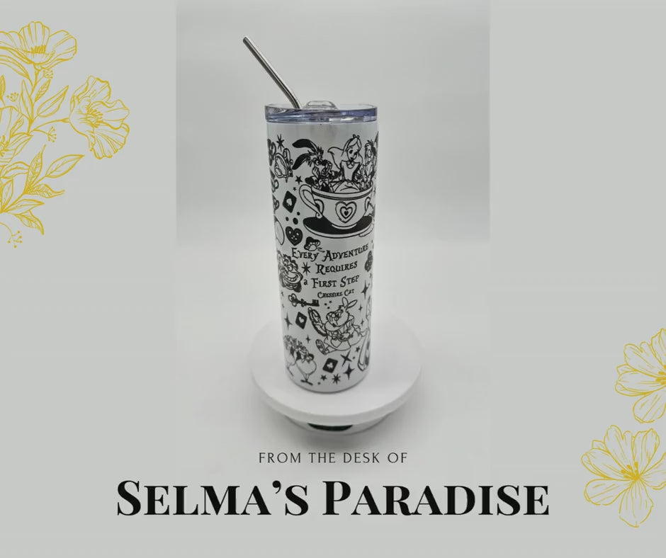 Alice in Wonderland 20oz Skinny Tumbler with Straw | Black & White Fantasy Cup | Gift for Disney Lover