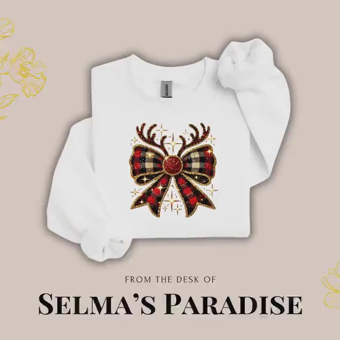 Christmas Sweatshirt Reindeer Bow Cozy Unisex Long Sleeve Crew Neck Vintage Xmas Gift Sweater