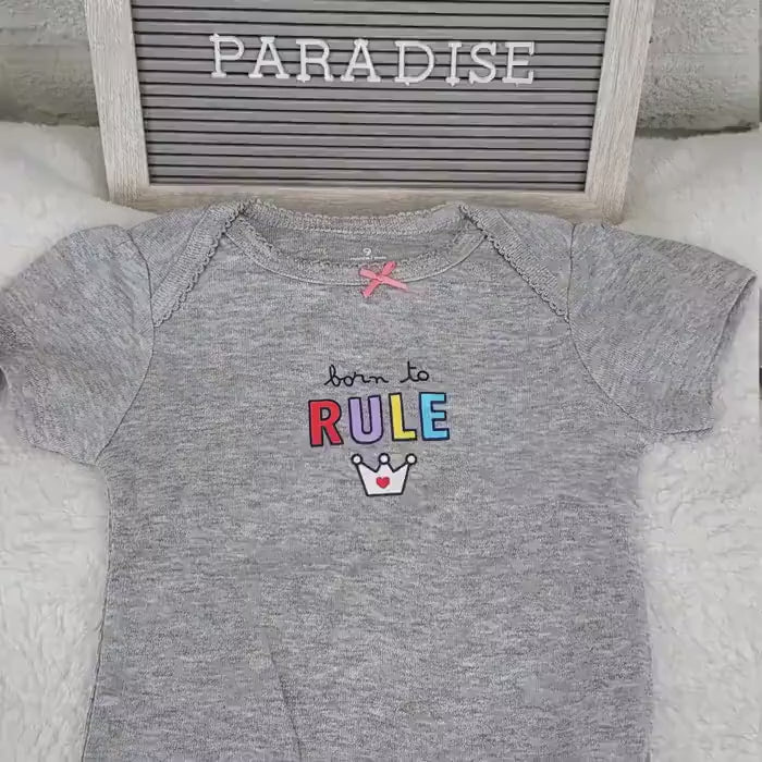 Born to Rule Baby Girl Onesie: Gray Cotton Bodysuit, 9 Months