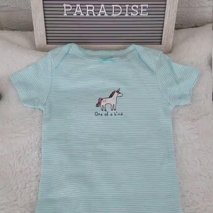 Unicorn Baby Girl Onesie: Teal Stripes, Cotton Bodysuit