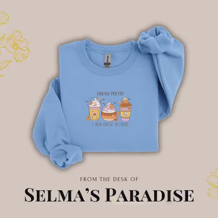 Coffee Design Sweatshirt Hocus Pocus Graphic Print Pullover, Trendy Long Sleeve Unisex Cozy Sweatshirt