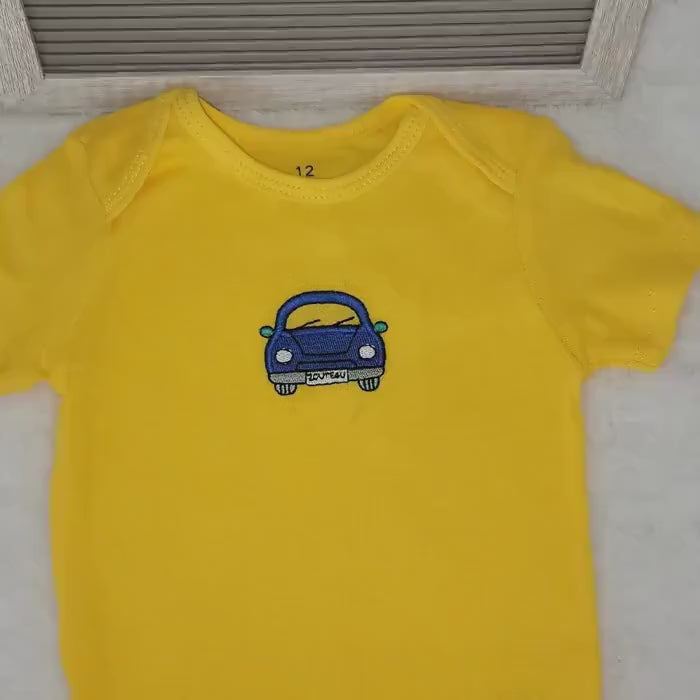 Car Design Baby Onesie: Yellow Cotton Bodysuit, 12 Month