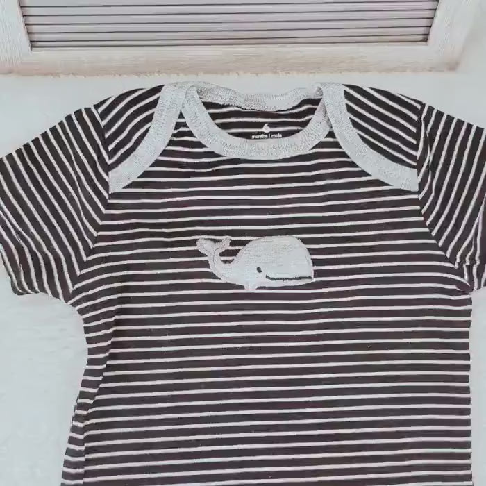 Embroidered Whale Onesie: Black & White Striped Baby Bodysuit