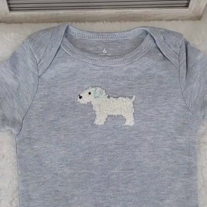 Embroidered Doggy Gray Baby Onesie: 6 Month Cotton Romper