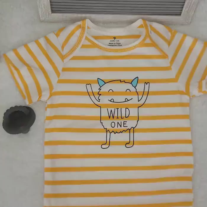 Monster Baby Onesie: Yellow Stripe Cotton Bodysuit, 9 Month