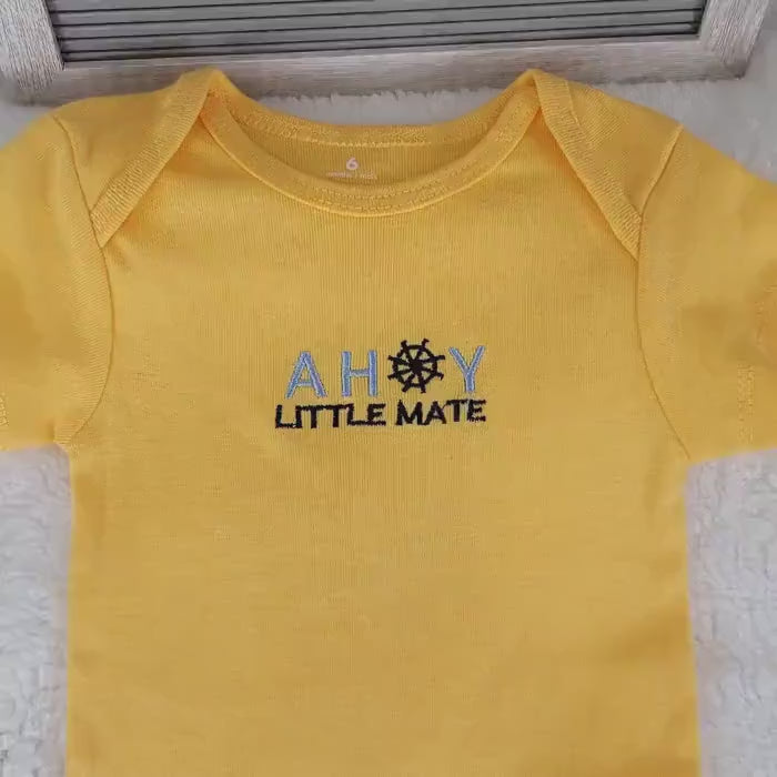 Ahoy Little Mate Onesie: Yellow Nautical Baby Bodysuit