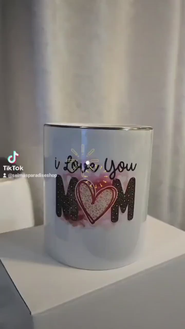 Gold Trim Personalized Mugs, I Love You Mom Design, Birthday Gift, Gift for Her, Anniversary, Valentine's day, for any Gift Occasions.