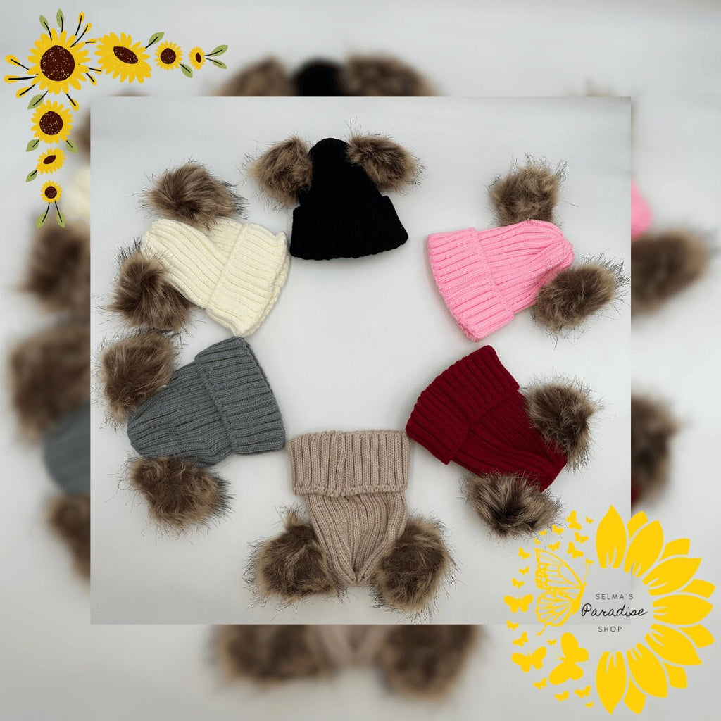 Double Hairball Knitted Beanie Hats for Mommy and Me